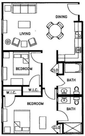 Poplar 836 Two Bed Two bath - senior living floor plan