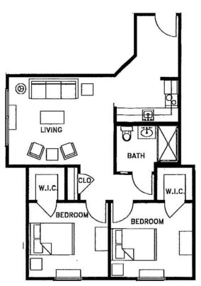 Redbud Two Bed One Bath - senior living floor plan