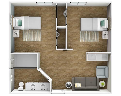 Evergreen Two Bedroom One Bathroom - senior living floor plan