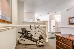 Exercise equipment in the corner of the retirement home living room