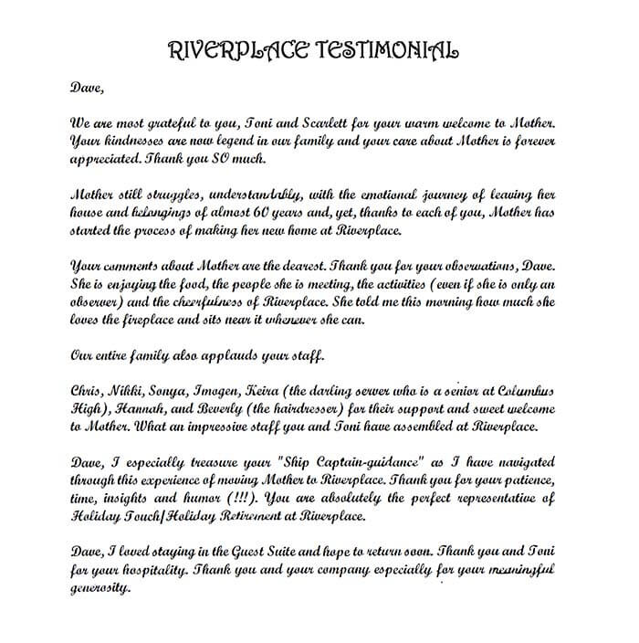 A paper including testimonial notes from senior living cizitens