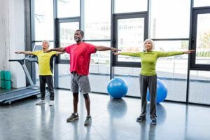 Senior living citizens enjoy the zumba exercises